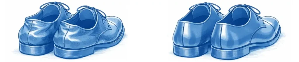 青系のイラストで、同じ革靴を後ろ斜め上から比較した図。左はかかと部分が大きく型崩れし、右は形が整っている。