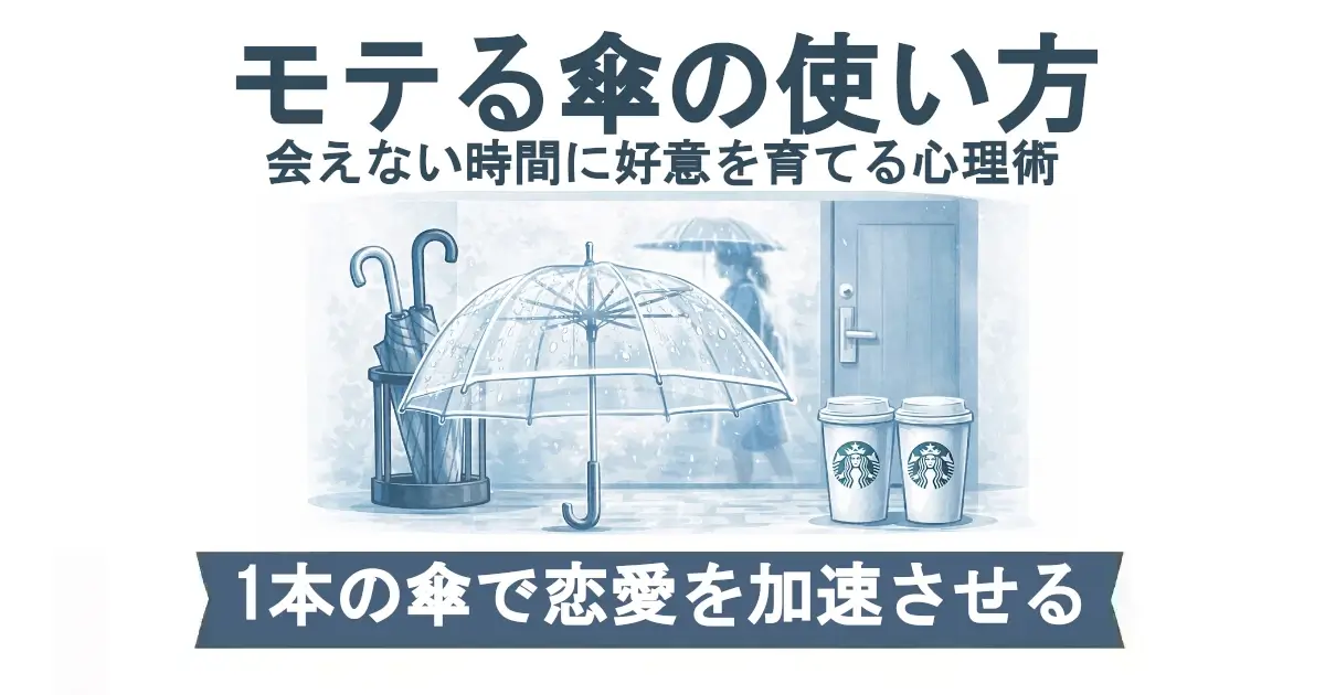 「モテる傘の使い方／会えない時間に好意を育てる心理術」という見出し。雨の玄関前で、透明傘と傘立て、玄関ドア、テイクアウトカップ2つが青系トーンで描かれ、下部帯に「1本の傘で恋愛を加速させる」。