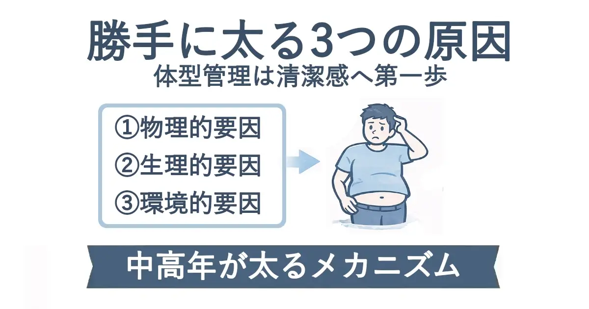 「勝手に太る3つの原因／体型管理は清潔感へ第一歩」という見出し。左に「①物理的要因 ②生理的要因 ③環境的要因」の3項目リスト、右にお腹が出て困った表情の男性イラスト。下部帯に「中高年が太るメカニズム」。
