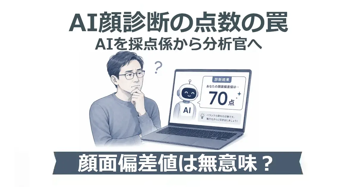 青系のシンプルなインフォグラフィック風バナー。上部に「AI顔診断の点数の罠」「AIを採点係から分析官へ」の見出し。左に考え込む40代男性、右にノートパソコンの画面内でAIロボットが「診断結果」「あなたの顔面偏差値は…70点」と表示している。下部の帯には「顔面偏差値は無意味？」と書かれている。