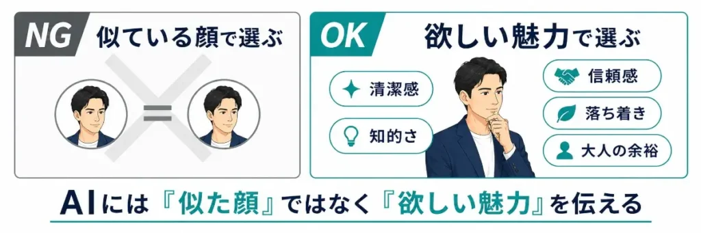 AI顔診断で理想像を指定するときは、「自分と似ている顔」を探すのではなく、「欲しい魅力」で選ぶべきだと示した横長の比較画像。左側では、似ている顔で選ぶ方法がNG例として示され、右側では、清潔感・知的さ・信頼感・落ち着き・大人の余裕といった魅力をAIに伝える方法がOK例として示されている。