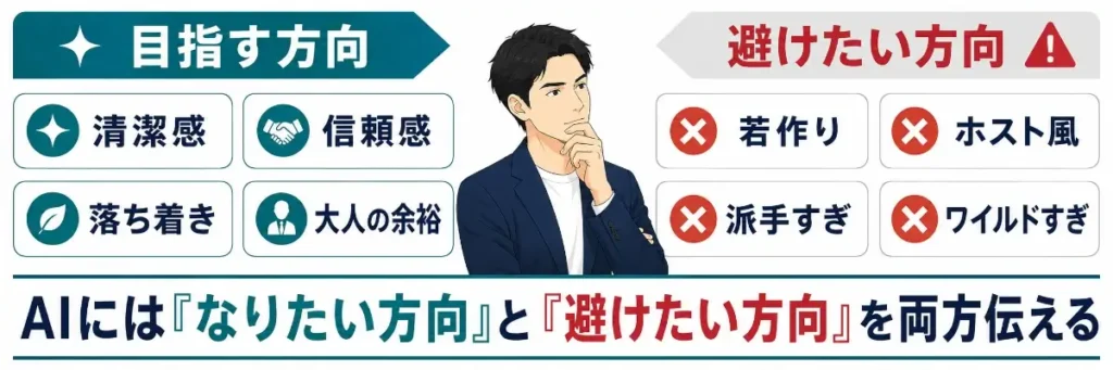 AI顔診断では、「なりたい方向」だけでなく「避けたい方向」もあわせて指定するべきだと示した横長の比較画像。左側には目指す方向として、清潔感・信頼感・落ち着き・大人の余裕が示され、右側には避けたい方向として、若作り・ホスト風・派手すぎ・ワイルドすぎが示されている。中央には考え込む40代男性のイラストがあり、AIには希望する印象と避けたい印象の両方を伝える必要があることを表している。
