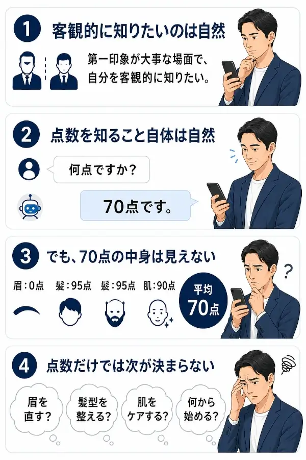 40代男性がAI顔診断で点数を聞く流れを4段で示した解説画像。AIから「70点です」と返ってきても、眉・髪・髭・肌などの内訳や改善の優先順位が分からず、点数だけでは次に何をすべきか決められないことを説明している。