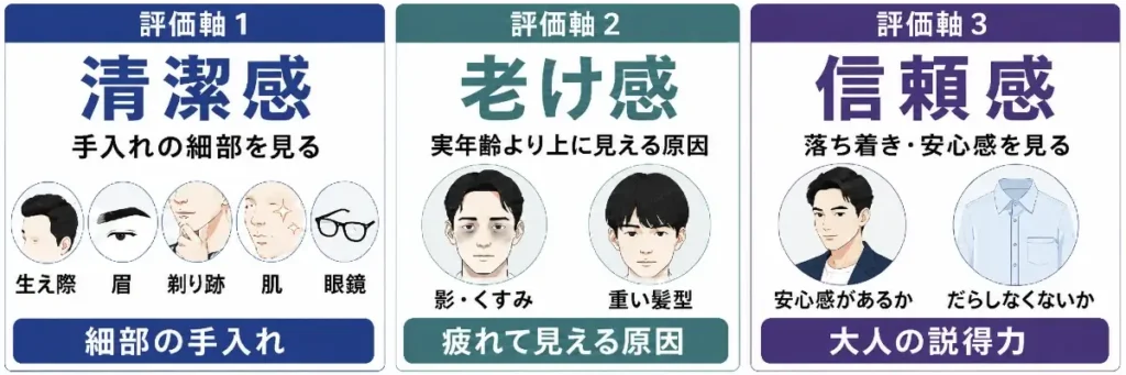 清潔感・老け感・信頼感の3つを、AI顔診断で確認する評価軸として示した比較画像。清潔感は生え際・眉・剃り跡・肌・眼鏡、老け感は影やくすみ・重い髪型、信頼感は安心感があるか・だらしなくないかを見て、大人の説得力につなげる構成になっている。