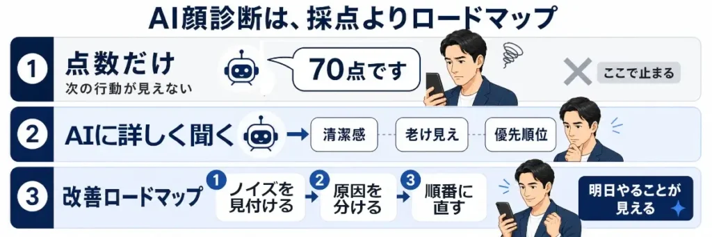 AI顔診断の使い方を3段で示した横長の解説画像。1段目は「点数だけ」で「70点です」と返されても次の行動が見えず、そこで止まる様子。2段目はAIに詳しく聞くことで「清潔感」「老け見え」「優先順位」に分解できる様子。3段目は「改善ロードマップ」として「ノイズを見付ける」「原因を分ける」「順番に直す」と整理され、明日やることが見える流れを表している。