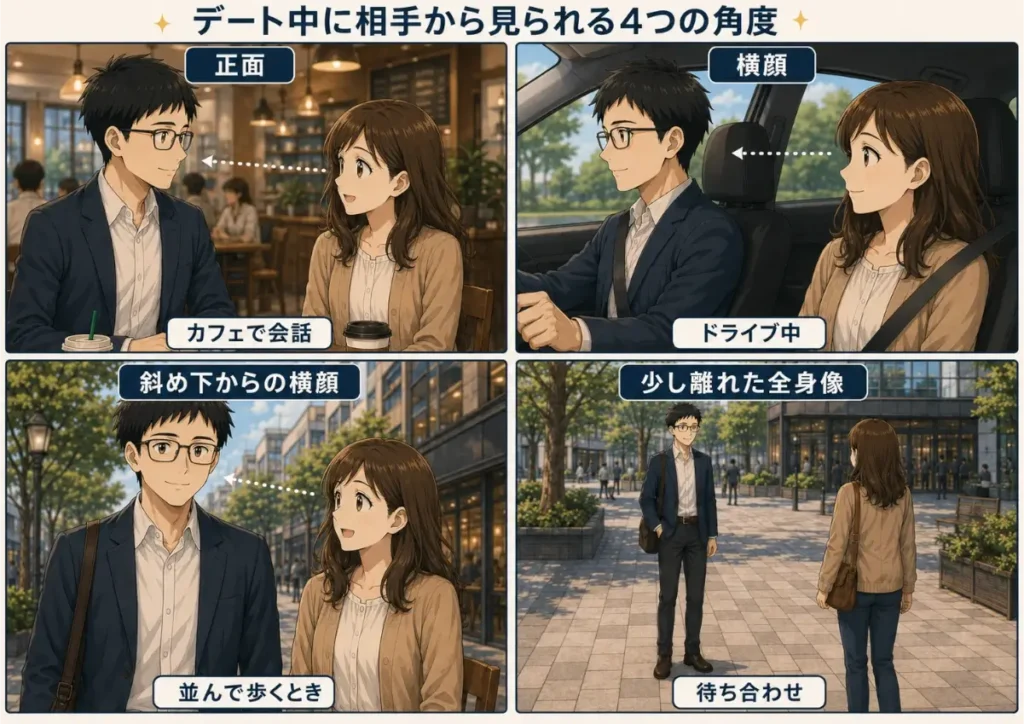 デート中に相手から見られる眼鏡姿の4つの角度を示した比較図。カフェで会話する正面、ドライブ中の横顔、並んで歩くときの斜め下からの横顔、待ち合わせ時の少し離れた全身像を2×2で並べ、女性から男性への視線を点線矢印で示している。