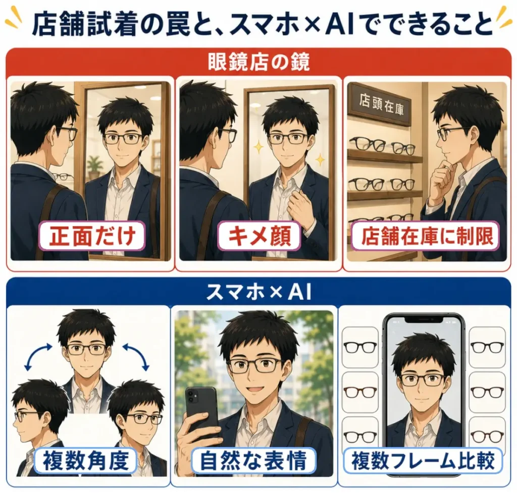 店舗試着の罠とスマホAIでできることを比較した図解。上段では眼鏡店の鏡による「正面だけ」「キメ顔」「店舗在庫に制限」の3つの問題を、下段ではスマホAIによる「複数角度」「自然な表情」「複数フレーム比較」の3つの解決策を、眼鏡をかけた男性のイラストで対比している。