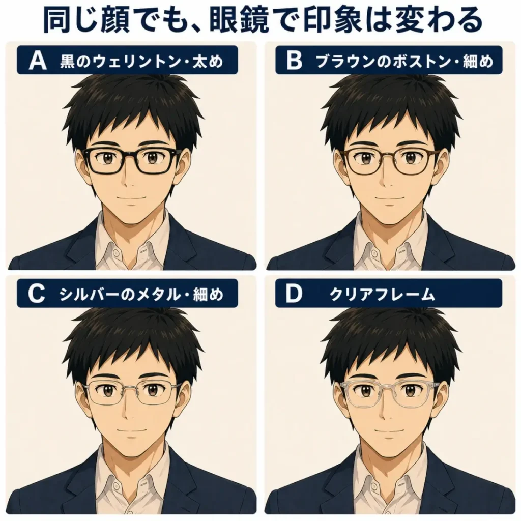 同じ男性の顔写真風イラストに、4種類の眼鏡フレームを着用させて比較した図解。Aは黒の太めウェリントン、Bはブラウンの細めボストン、Cはシルバーの細めメタル、Dはクリアフレームで、同一人物・同一表情・同一角度のまま眼鏡だけを変え、フレームの形・色・太さによる印象の違いを示している。