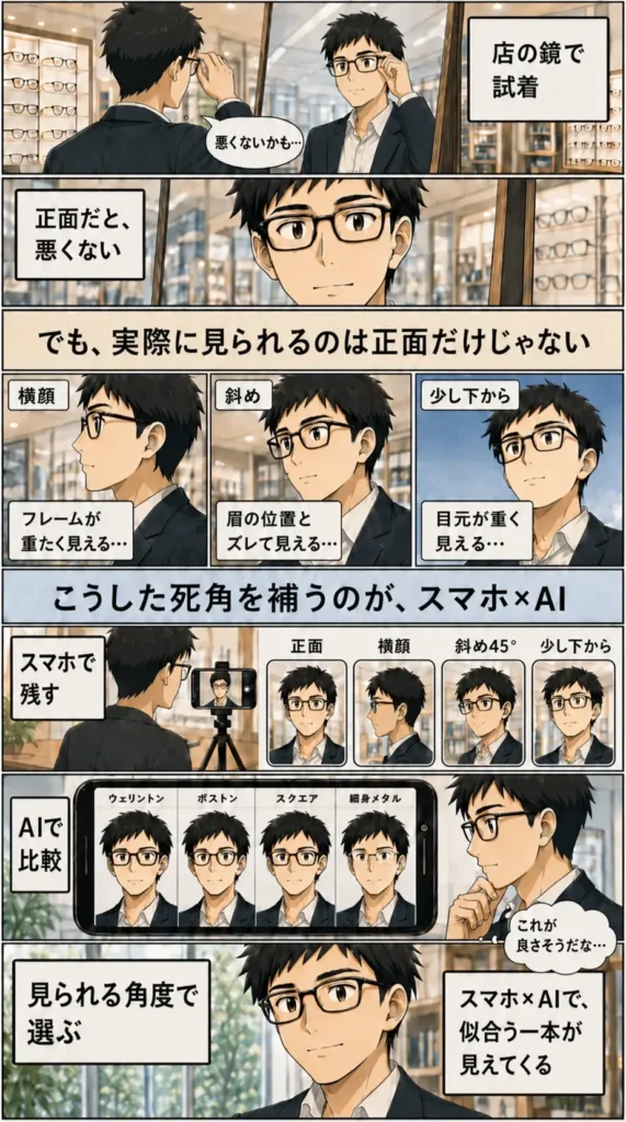 40代男性が眼鏡店の鏡だけでなく、スマホ撮影とAI比較で似合う眼鏡を選ぶ流れを示した漫画。