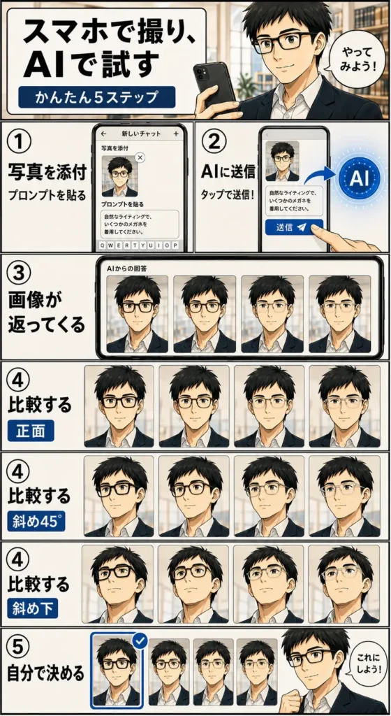 スマホで顔写真とプロンプトをAIに送り、複数の眼鏡を正面・斜め45度・斜め下から比較して選ぶ流れを示した漫画。