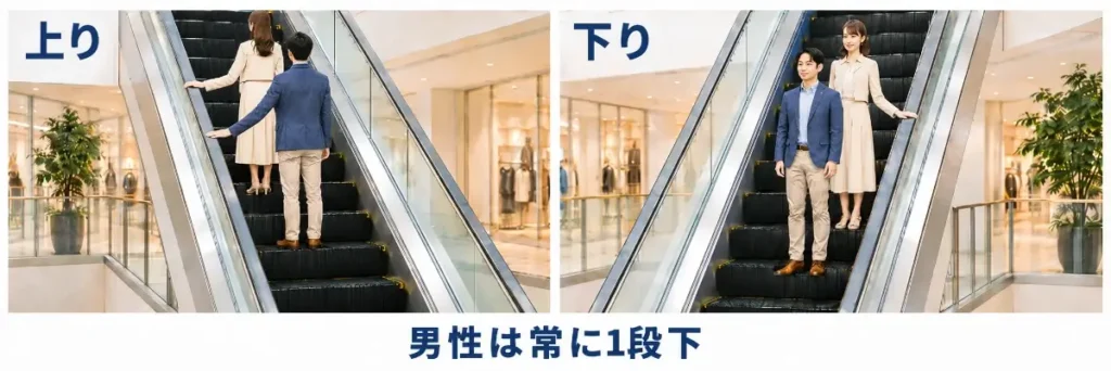 エスカレーターでのデート時の立ち位置を、上りと下りで比較した図。上りでは女性が前の1段上、男性が後ろの1段下に立ち、下りでは男性が前の1段下、女性が後ろの1段上に立っている。どちらも男性が女性より常に1段下に位置し、男女とも手すりに手を置いている。