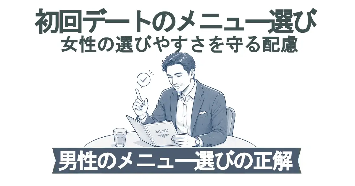 「初回デートのメニュー選び　女性の選びやすさを守る配慮」という見出し。青系の線画で、スーツ姿の男性がテーブルでメニューを見ながら指を立てて“即決”の合図をしている。下部の濃紺帯に「男性のメニュー選びの正解」。