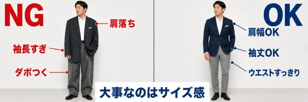 フレンチデート向けのジャケパンスタイルを、サイズが合っていないNG例と、肩幅・袖丈・ウエストが整ったOK例で比較した図。