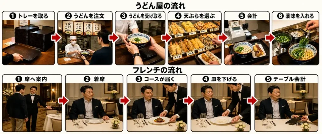 うどん屋とフレンチレストランの食事の流れを上下2段で比較したフロー図。上段は「うどん屋の流れ」として、トレーを取る、うどんを注文、うどんを受け取る、天ぷらを選ぶ、会計、薬味を入れる、という6工程が赤い矢印で順番に示されている。下段は「フレンチの流れ」として、席へ案内、着席、コースが届く、皿を下げる、テーブル会計、という5工程が示されている。うどん屋は客が移動しながら注文・選択・会計・薬味入れを行うのに対し、フレンチは着席後にスタッフが料理の提供、皿下げ、会計まで進めてくれる構成になっている。