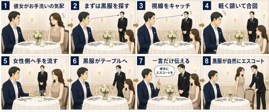 高級フレンチレストランで、男性が黒服スタッフと連携し、女性をお手洗いへ自然にエスコートしてもらう流れを示した8コマの図解イラスト。全体は横長で、上段に1〜4、下段に5〜8のコマが左から右へ並んでいる。各コマには紺色の番号と太字の短い説明文が付いている。淡いベージュを基調とした上品な店内に、白いテーブルクロスの丸テーブル、ワイングラス、花瓶、キャンドルが描かれている。 1コマ目では、向かい合って座る男性と女性が描かれ、女性が少し遠慮がちにお手洗いへ立ちたい気配を見せている。 2コマ目では、男性が座ったまま少し離れた黒服スタッフへ視線を送っている。 3コマ目では、黒服スタッフがその視線に気づき、男性と目が合っている。 4コマ目では、男性が軽く頷き、用件があることを静かに伝えている。 5コマ目では、男性がテーブルの少し上で手のひらを女性側へ流し、この女性に関する用件であることを示している。 6コマ目では、黒服スタッフがテーブルへ近づき、男性と女性は座ったまま落ち着いて待っている。 7コマ目では、男性が黒服スタッフへ「彼女にエスコートを」と小声で伝えている。 8コマ目では、黒服スタッフが女性の椅子を引き、女性が立ち上がりながら自然に案内を受けている。男性は座ったまま静かに見守っている。 男性が慌てて立ち上がらず、視線、頷き、手の動き、一言だけで黒服スタッフに役割を渡し、女性に負担をかけずにエスコートを成立させる流れを表している。
