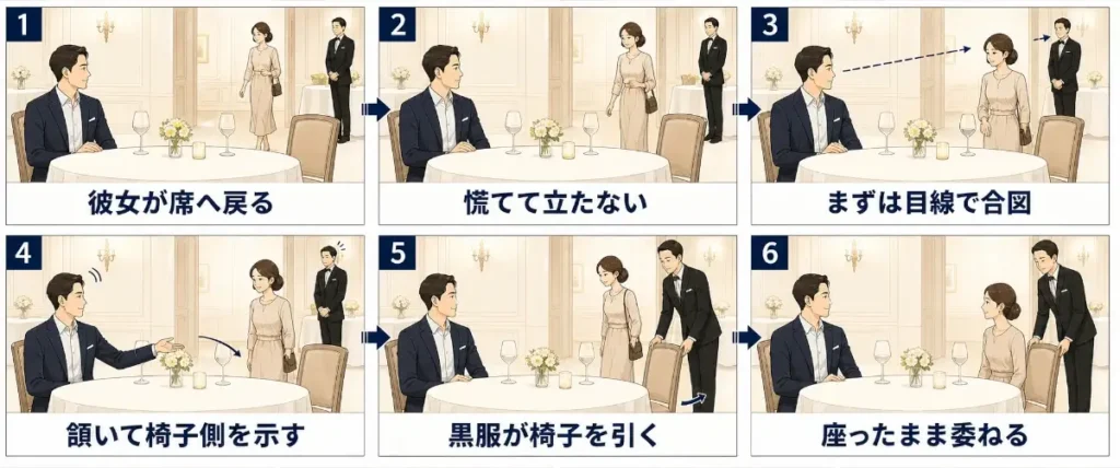 高級フレンチレストランで、席へ戻ってくる女性に対して、男性が黒服スタッフへ静かに合図を送り、椅子引きをプロに委ねる流れを示した6コマの図解イラスト。全体は横長で、上段に1〜3、下段に4〜6のコマが左から右へ並んでいる。各コマには紺色の番号と、大きな太字の日本語ラベルが付いている。店内は淡いベージュを基調とした上品な内装で、白いテーブルクロスの丸テーブル、ワイングラス、花瓶、キャンドル、壁面の装飾が簡潔に描かれている。 1コマ目では、男性がテーブル左側の席に座り、女性が通路側から席へ戻ってきている。男性は女性に気づいているが、落ち着いて座ったままでいる。ラベルは「彼女が席へ戻る」。 2コマ目では、女性がさらに席へ近づいているが、男性は慌てて立ち上がらず、座ったまま落ち着いている。ラベルは「慌てて立たない」。 3コマ目では、男性が少し離れた場所に立つ黒服スタッフへ視線を送り、黒服スタッフもその視線に気づいている。男性から黒服へ細い点線の矢印が伸びている。ラベルは「まずは目線で合図」。 4コマ目では、男性が軽く頷きながら、テーブルの少し上の低い位置で手を出し、女性の席や椅子の方向を小さく示している。黒服スタッフはその意図を察している。ラベルは「頷いて椅子側を示す」。 5コマ目では、黒服スタッフが女性の椅子を後ろへ引き、女性が自然に座る準備をしている。男性は座ったまま落ち着いて見守っている。ラベルは「黒服が椅子を引く」。 6コマ目では、女性が席に戻り、黒服スタッフが椅子を支えながらサポートを終えようとしている。男性は最後まで座ったまま、女性の方を見て落ち着いている。ラベルは「座ったまま委ねる」。 男性が自分で慌てて動くのではなく、視線、頷き、手の小さな合図で黒服スタッフへ役割を渡し、プロの椅子引きに任せる流れを表している。