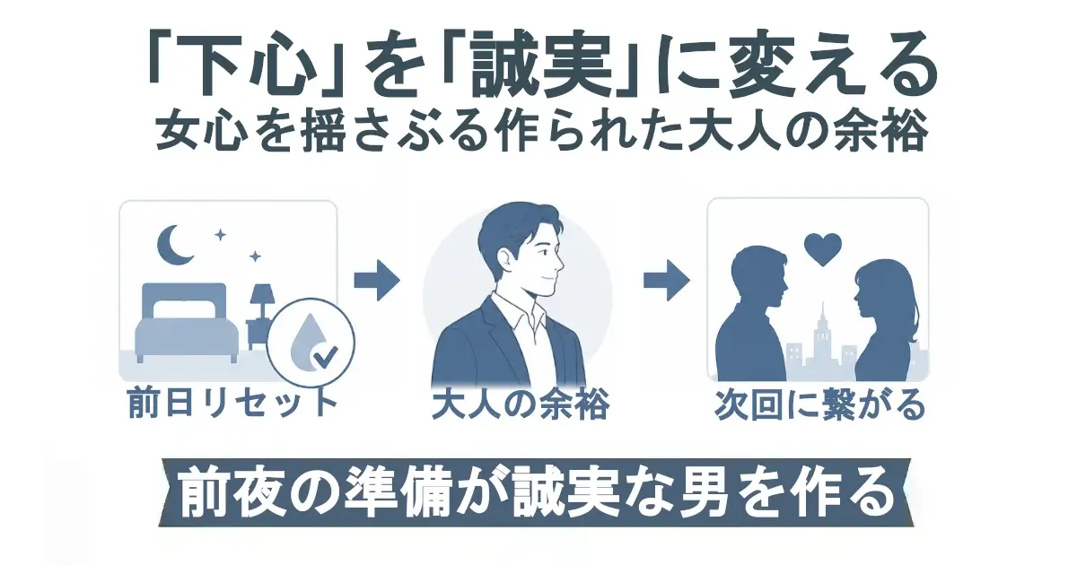 「『下心』を『誠実』に変える／女心を揺さぶる作られた大人の余裕」の見出し。左から「前日リセット」→「大人の余裕」→「次回に繋がる」を矢印で結ぶ3ステップ図。下部帯に「前夜の準備が誠実な男を作る」。