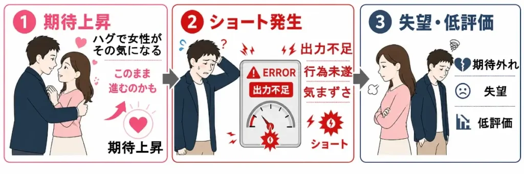 横長の3コマ図解。 左の「1 期待上昇」では、男性が女性をハグし、女性が好意的な表情を見せている。周囲にはハートや上向き矢印があり、「ハグで女性がその気になる」「このまま進むのかも」「期待上昇」と表示されている。 中央の「2 ショート発生」では、男性が困った表情で頭に手を当て、隣に「ERROR」「出力不足」と書かれたメーターが表示されている。周囲には稲妻マークがあり、「行為未遂」「気まずさ」「ショート」として、期待に応えられず場が気まずくなる状態を表している。 右の「3 失望・低評価」では、女性が腕を組んで冷めた表情になり、男性は落ち込んだ様子で背を向けている。右側には「期待外れ」「失望」「低評価」の項目が並び、期待が失望に変わる結末を示している。