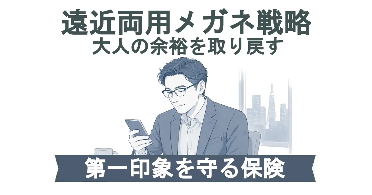 「遠近両用メガネ戦略／大人の余裕を取り戻す」という見出し。青系の線画で、眼鏡をかけた男性がテーブル席でスマホを自然な姿勢で見ている。下部の濃紺帯に「第一印象を守る保険」。