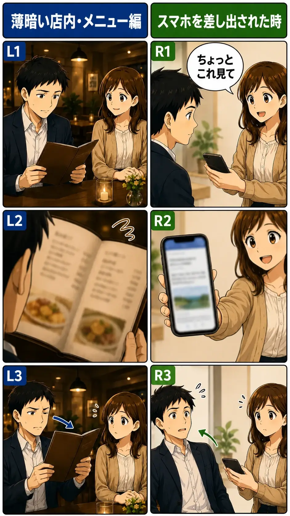 薄暗い店内でメニューを読む場面と、女性にスマホ画面を差し出される場面を左右2列3コマで比較した漫画風図解。40代男性が近くの文字を見づらく感じ、メニューやスマホ画面がぼやけ、顔を遠ざけたり上半身を引いたりする様子と、それに女性が気づく様子を示している。