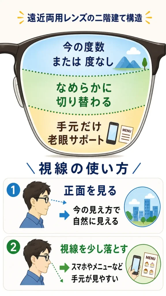 遠近両用レンズの仕組みを説明する縦長図解。大きな眼鏡フレームのレンズ内が3層に分かれ、上部は「今の度数 または 度なし」、中央は「なめらかに切り替わる」、下部は「手元だけ 老眼サポート」と示されている。下段では男性の横顔イラストと矢印で、正面を見ると今の見え方で自然に見え、視線を少し落とすとスマホやメニューなど手元が見やすくなることを説明している。