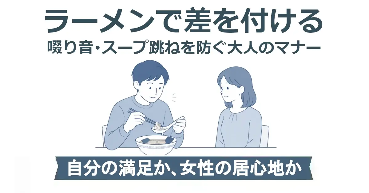 「ラーメンで差を付ける／啜り音・スープ跳ねを防ぐ大人のマナー」という見出し。中央にラーメンを食べる男性と向かい合う女性。男性は箸とレンゲで麺を小さくまとめて静かに食べている。下部帯に「自分の満足か、女性の居心地か」。