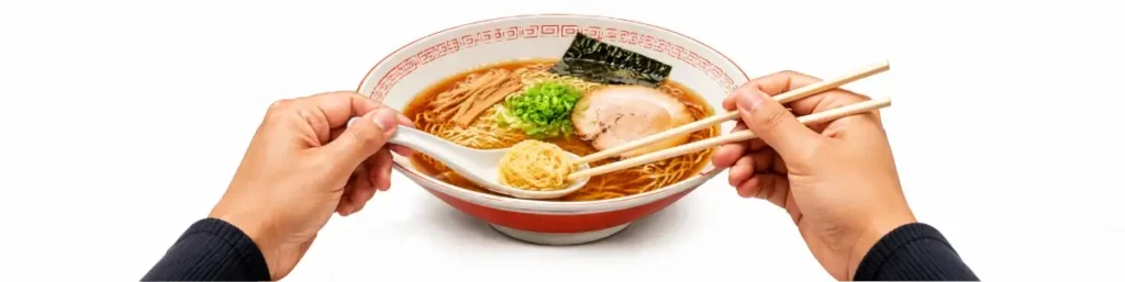 白背景の横長画像。中央に醤油ラーメンの丼があり、左手で白いレンゲを低い位置に構えている。レンゲの中は空で、底がスープの水面に触れる程度の高さに保たれている。右手には箸を持ち、一口分の麺をレンゲの中で丸く巻き終えた状態になっている。麺は箸の先とレンゲの上にまとまり、スープの中ではなく空のレンゲ内で小さく整えられている。丼の中にはチャーシュー、メンマ、海苔、刻みネギが見える。