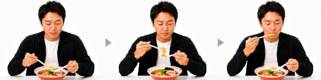 白背景の横長画像。黒系のジャケットに白いTシャツを着た男性が、ラーメンを食べる流れを左から右へ3段階で示している。
左の1段階目では、男性が左手で白いレンゲを持ち、右手の箸で麺をすくいながら、丼の中でレンゲを受け皿のように添えている。
中央の2段階目では、左手のレンゲを丼から少し持ち上げ、右手の箸でつかんだ麺をレンゲの上で途中まで支えている。麺はレンゲの上にまとまり、口へ運ぶ途中の状態になっている。
右の3段階目では、男性が左手に空のレンゲを持ったまま、右手の箸で一口サイズの麺を口元へ運び、ちょうど食べている。各段階の間には右向きの矢印があり、レンゲで麺を支えてから最後は箸で口へ運ぶ流れを表している。丼は赤い縁模様のあるラーメン鉢で、チャーシュー、ネギ、海苔が見える。