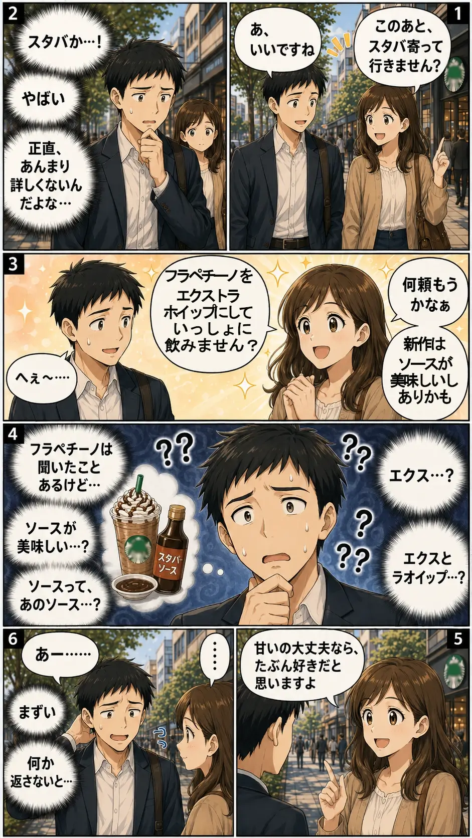 デート中の男女が街中でスタバに寄る話をする漫画。女性は新作フラペチーノやエクストラホイップについて楽しそうに話すが、男性はスタバ用語が分からず、ソースを調味料のソースと勘違いして内心焦っている。