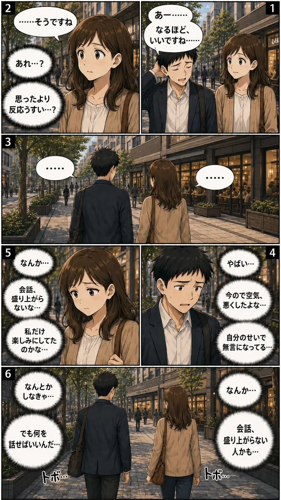 デート中の男女が無言で街を歩く漫画。男性は曖昧な返事で空気を悪くしたと焦り、女性は会話が盛り上がらないことに少しがっかりしている。