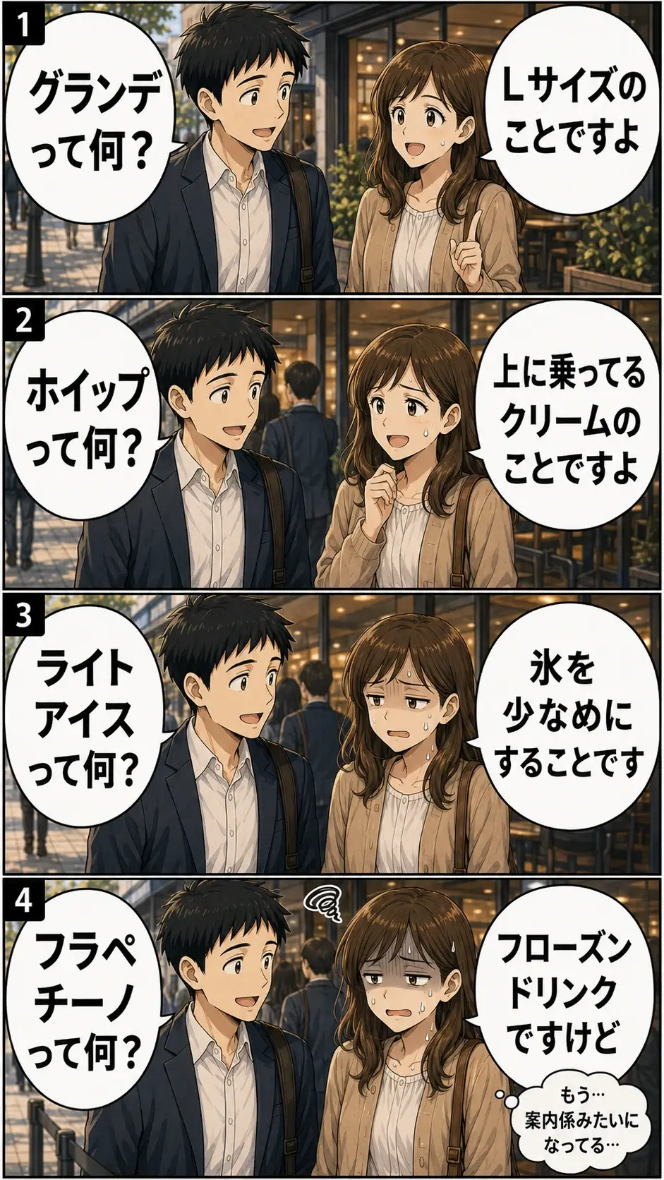 スタバに詳しくない男性が、グランデ、ホイップ、ライトアイス、フラペチーノの意味を女性に次々と質問する4コマ漫画。コマが進むにつれて、女性は説明役のようになり、汗や曇った表情で負担が増していく。