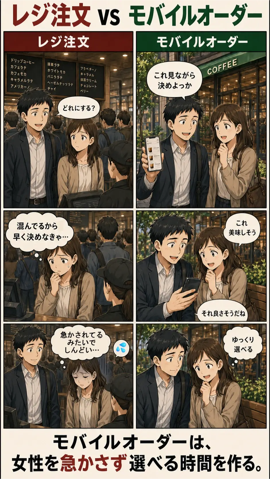 スタバデートでのレジ注文とモバイルオーダーを比較した漫画画像。左は混雑したレジ前で女性が急かされているように感じる場面、右は男性がスマホを見せながら一緒にメニューを選び、女性が焦らず選べる場面を描いている。