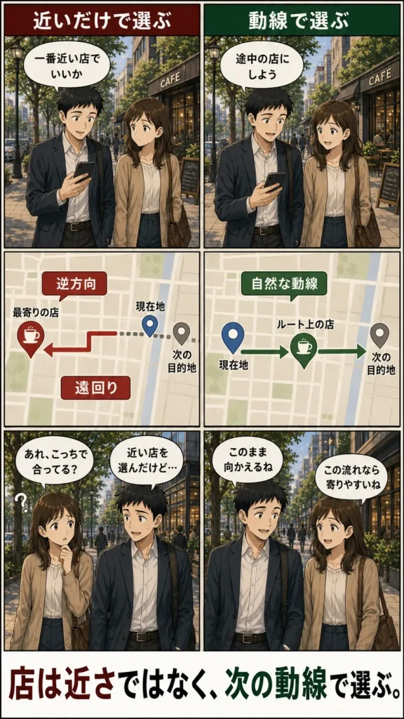 スタバデートで店舗を選ぶときに、現在地から近い店ではなく次の目的地への動線上にある店を選ぶ重要性を説明した比較漫画。左は最寄りの店を選んで逆方向に遠回りする例、右はルート上の店を選んで自然に目的地へ向かえる例を描いている。