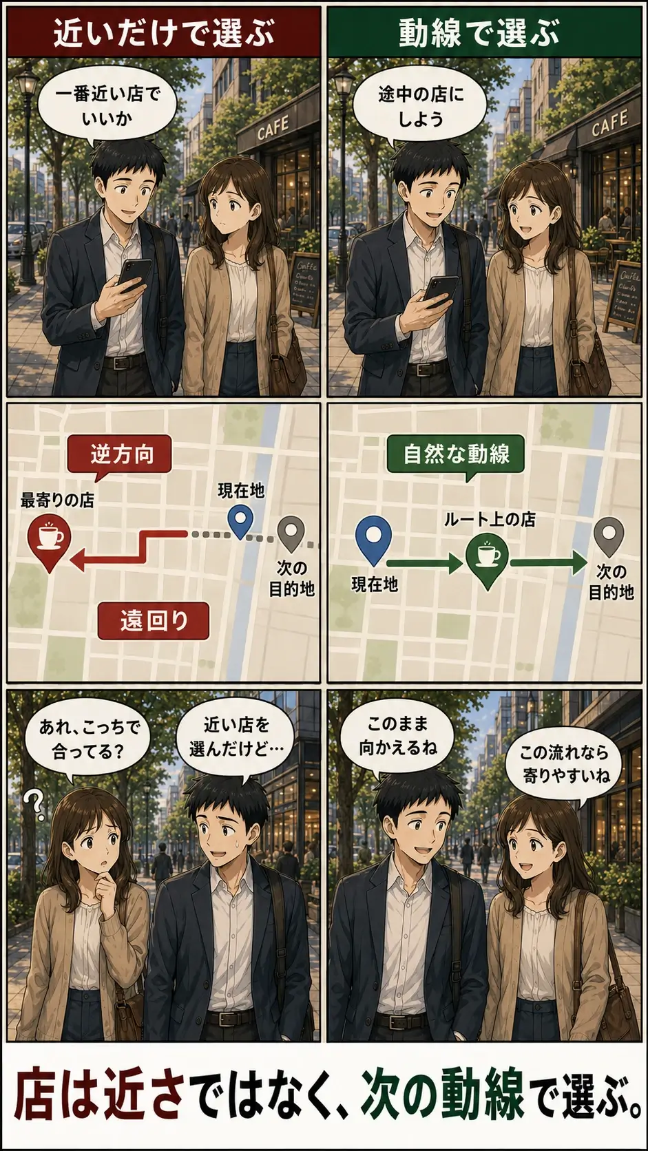 スタバデートで店舗を選ぶときに、現在地から近い店ではなく次の目的地への動線上にある店を選ぶ重要性を説明した比較漫画。左は最寄りの店を選んで逆方向に遠回りする例、右はルート上の店を選んで自然に目的地へ向かえる例を描いている。