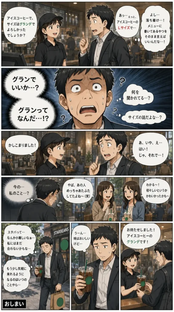 スタバのレジで「Lサイズ」と注文し、店員に「グランデ」と訂正されパニックになる男性。周囲の視線を気にしながら気まずい思いで店を後にする結末。