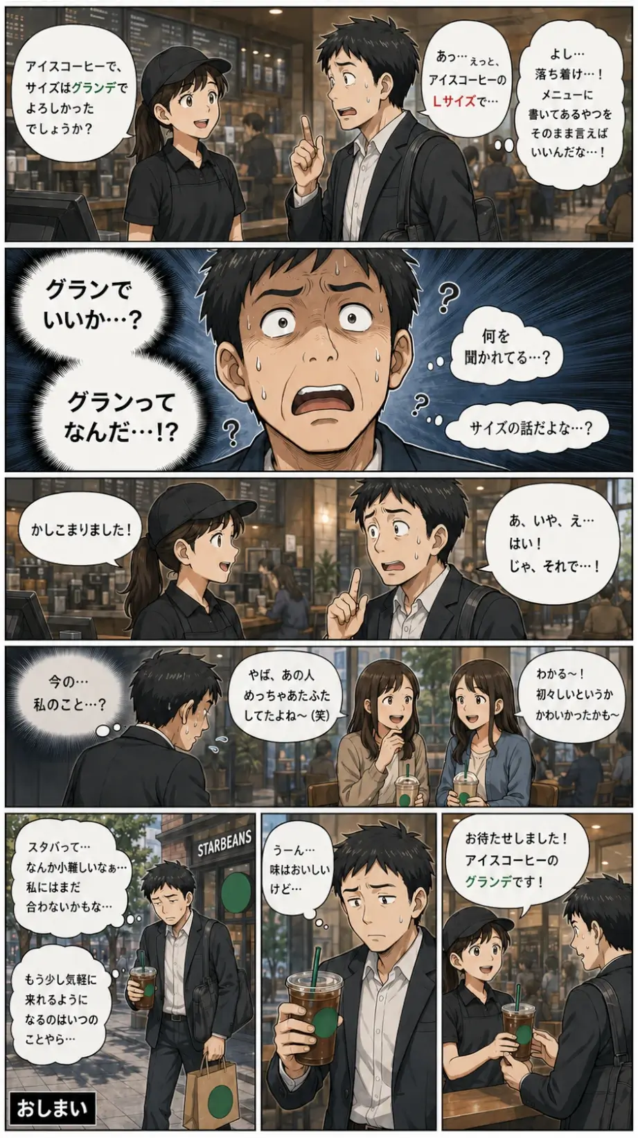 スタバのレジで「Lサイズ」と注文し、店員に「グランデ」と訂正されパニックになる男性。周囲の視線を気にしながら気まずい思いで店を後にする結末。