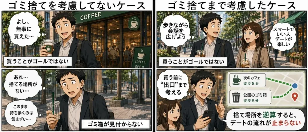スタバデートで空カップの捨て場所を考えていないケースと、ゴミ捨てまで考慮したケースを左右で比較した漫画画像。左は購入後にゴミ箱が見つからず困る男性、右は購入前に次のカフェや公園のゴミ箱を確認し、デートの流れを止めない方法を示している。