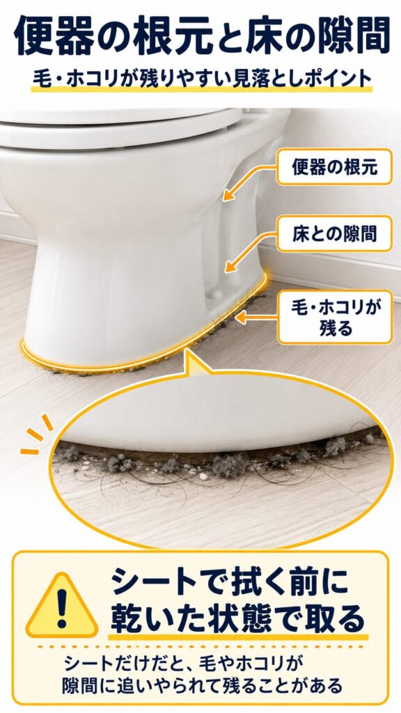便器の根元と床の隙間に、毛やホコリが残りやすいことを示した縦長の図解。便器の土台部分と床の接地ラインを黄色で強調し、便器の根元、床との隙間、毛・ホコリが残る場所を矢印で示している。拡大図では、便器の根元と床の境目に髪の毛やホコリが挟まっている様子を描き、シートで拭く前に乾いた状態で取ることを説明している。
