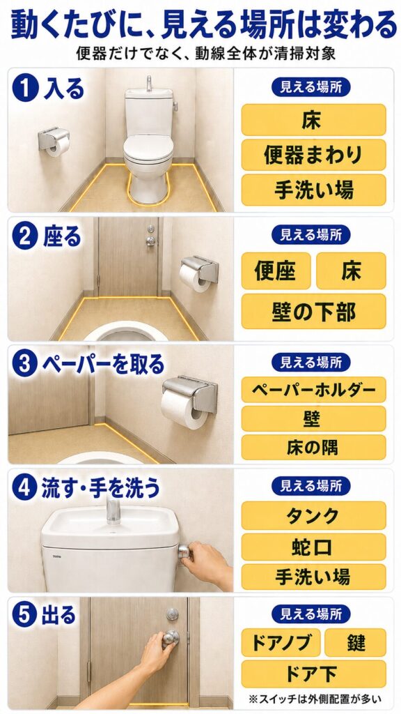 トイレの中で動くたびに見える場所が変わることを示した縦長の図解。5つの動作として、入る、座る、ペーパーを取る、流す・手を洗う、出るを順番に示している。入る時は床、便器まわり、手洗い場、座る時は便座、床、壁の下部、ペーパーを取る時はペーパーホルダー、壁、床の隅、流す・手を洗う時はタンク、蛇口、手洗い場、出る時はドアノブ、鍵、ドア下が見える場所として整理されている。