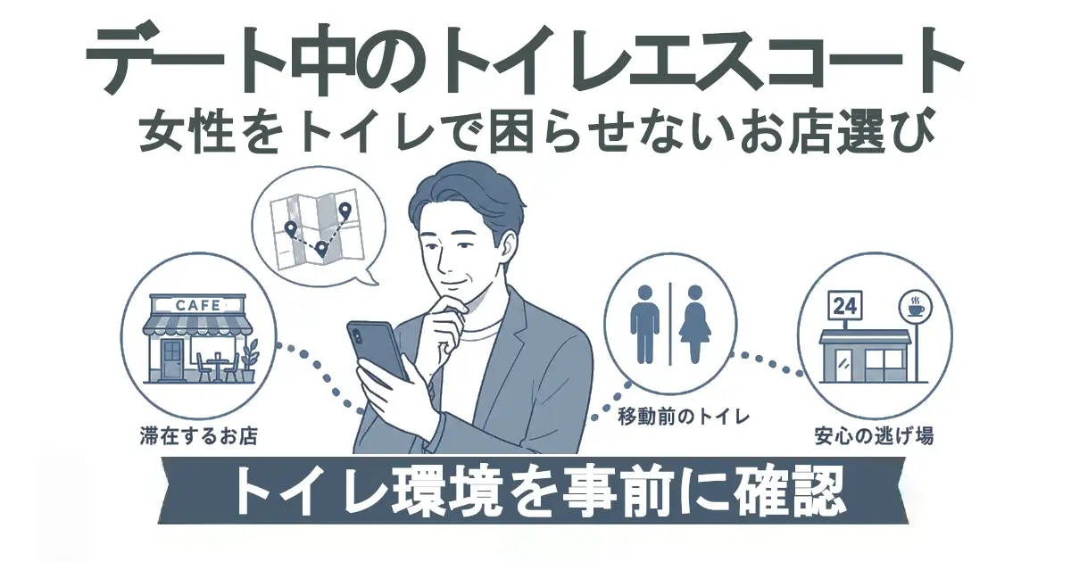 青系のシンプルなインフォグラフィック。スマホを見ながら店選びを考える男性を中央に配置し、左に「滞在するお店」のカフェアイコン、右に「移動前のトイレ」と「安心の逃げ場」を示すアイコンを並べた、デート中のトイレエスコート術を解説するアイキャッチ画像。