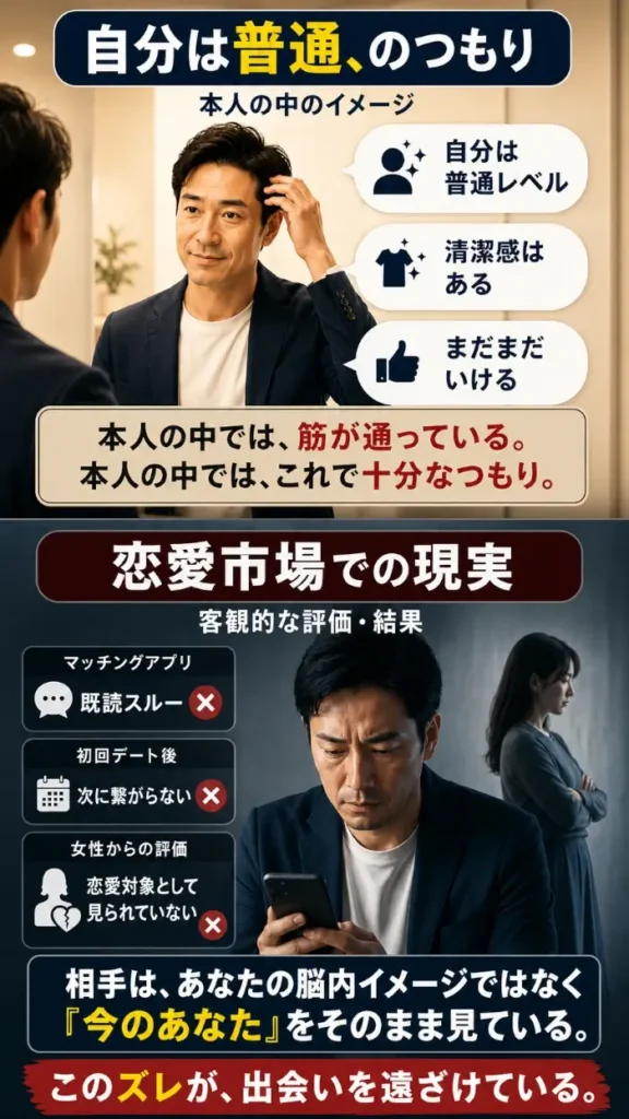 鏡の前で身だしなみを整えながら「自分は普通レベル」「清潔感はある」「まだまだいける」と認識している40代男性と、恋愛市場では既読スルー、初回デート後に次へつながらず、女性から恋愛対象として見られていない現実を、上下2段で対比した図。相手は脳内イメージではなく「今のあなた」をそのまま見ていることを示している。