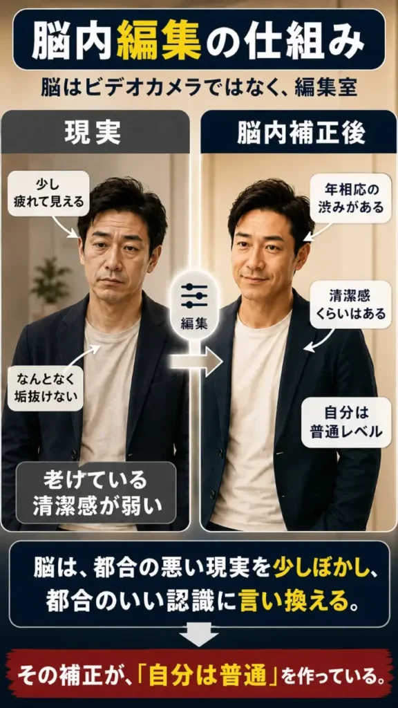 同じ40代男性を左右に並べ、左に「現実」、右に「脳内補正後」と表示した縦長の比較図。左は少し疲れて見え、服の印象もやや野暮ったく、「少し疲れて見える」「なんとなく垢抜けない」「老けている・清潔感が弱い」と示されている。右は同じ人物をやや好意的に見た自己認識として描かれ、「年相応の渋みがある」「清潔感くらいはある」「自分は普通レベル」と示される。中央には「編集」と書かれた矢印があり、脳が都合の悪い現実をぼかし、都合のいい認識に言い換えることを表している。
