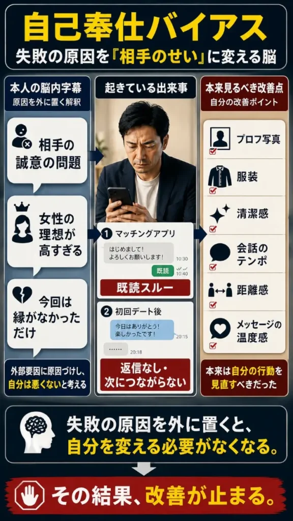 「自己奉仕バイアス　失敗の原因を『相手のせい』に変える脳」という見出しの縦長図。中央にスマホを見る40代男性と、マッチングアプリでの既読スルー、初回デート後に返信がなく次につながらない出来事が示されている。左側には「本人の脳内字幕」として「相手の誠意の問題」「女性の理想が高すぎる」「今回は縁がなかっただけ」といった外部要因の解釈が並ぶ。右側には「本来見るべき改善点」として、プロフ写真、服装、清潔感、会話のテンポ、距離感、メッセージの温度感が並ぶ。下部では、失敗の原因を外に置くと自分を変える必要がなくなり、その結果、改善が止まることが示されている。