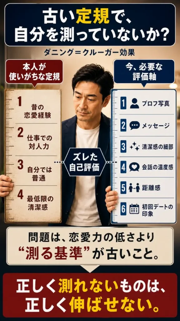 40代男性が中央に立ち、左手側には「昔の恋愛経験」「仕事での対人力」「自分では普通」「最低限の清潔感」と書かれた古い定規、右手側には「プロフ写真」「メッセージ」「清潔感の細部」「会話の温度感」「距離感」「初回デートの印象」と書かれた今必要な評価軸の定規が並ぶ図。中央には「ズレた自己評価」とあり、恋愛力よりも“自分を測る基準”が古いことが問題だと示している。