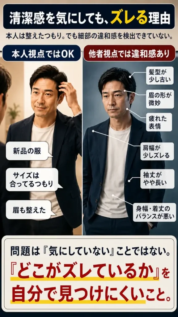 清潔感を気にしている40代男性を、本人視点と他者視点で比較した図。左では本人が「新品の服」「サイズは合ってるつもり」「眉も整えた」と認識している。右では同じ男性に対して、髪型が少し古い、眉の形が微妙、疲れた表情、肩幅が少しズレる、袖丈がやや長い、身幅・着丈のバランスが悪いといった細部の違和感が示されている。問題は気にしていないことではなく、どこがズレているかを自分で見つけにくいことだと伝える図。