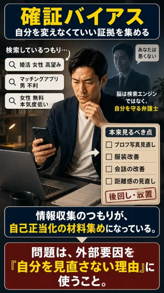 スマホを見ながら情報収集している40代男性の背後に、本人を擁護する弁護士風の人物が立っている図。画面横には「婚活 女性 高望み」「マッチングアプリ 男 不利」「女性 無料 本気度低い」といった検索語が並び、机上には「プロフ写真見直し」「服装改善」「会話の改善」「距離感の見直し」といった本来見るべき改善項目のチェックリストが「後回し・放置」と示されている。情報収集のつもりが、実際には自分を変えなくていい理由集めになっていることを表している。