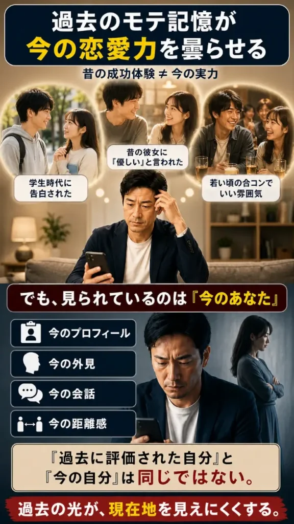 学生時代に告白された記憶、昔の彼女に「優しい」と言われた記憶、若い頃の合コンでいい雰囲気だった記憶が、40代男性の頭上に明るい思い出として浮かんでいる。一方で下段には、スマホを見つめる現在の男性と、女性から見られている「今のプロフィール」「今の外見」「今の会話」「今の距離感」が示され、過去に評価された自分と今の自分は同じではないことを伝えている。