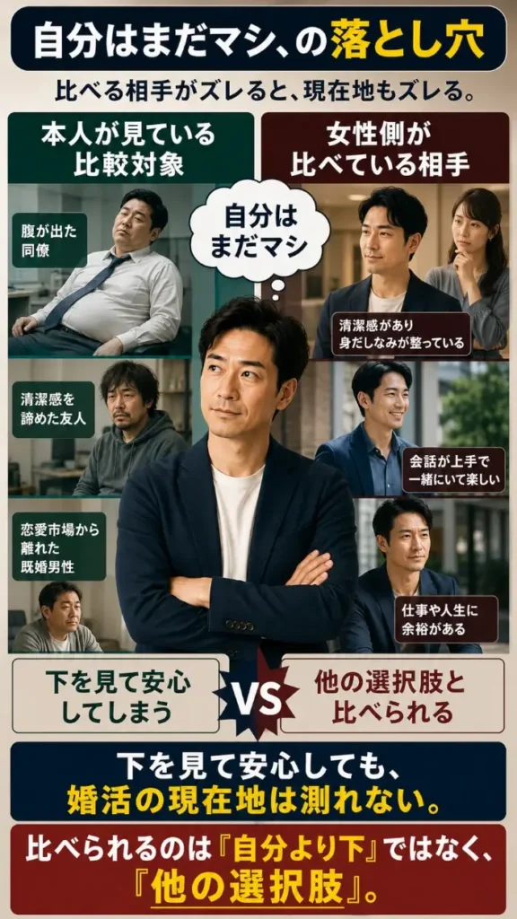 中央に40代男性が立ち、左側には「本人が見ている比較対象」として、腹が出た同僚、清潔感を諦めた友人、恋愛市場から離れた既婚男性が並び、本人は「自分はまだマシ」と感じている。右側には「女性側が比べている相手」として、清潔感があり身だしなみが整った男性、会話が上手で一緒にいて楽しい男性、仕事や人生に余裕がある男性が示されている。下を見て安心しても、実際には女性側の他の選択肢と比べられていることを示す比較図。
