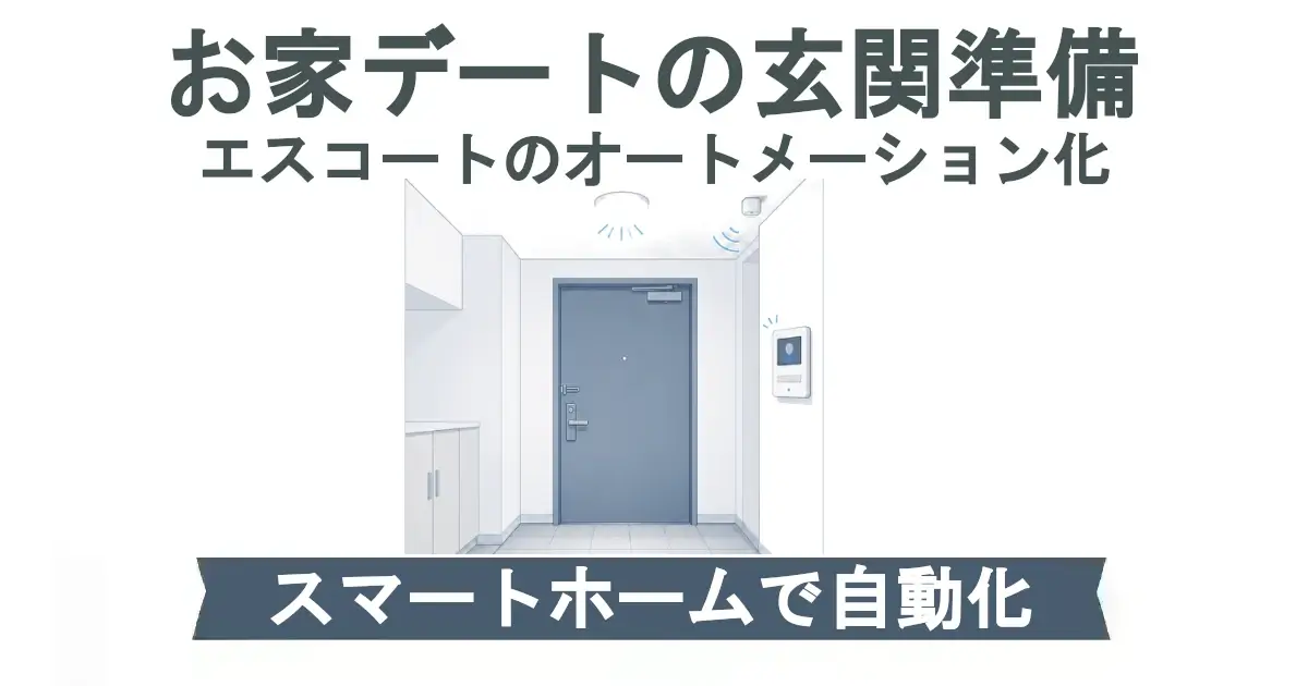 青系のシンプルなインフォグラフィック。室内廊下から玄関ドアを見た構図で、天井照明、人感センサー、壁面のテレビドアホンが描かれている。上部に「お家デートの玄関準備」「エスコートのオートメーション化」、下部帯に「スマートホームで自動化」と表示。
