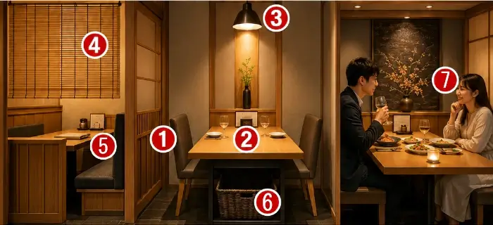 初回デート向きの飲食店かを判断するために、一般客の店内写真で確認すべきポイントを示した画像。木目調の落ち着いた店内に、左から半個室席、中央の2人掛けテーブル、右側の食事中の男女が写っている。番号1は隣席との間隔、番号2は料理を並べても窮屈にならないテーブルの広さ、番号3は店内照明の明るさ、番号4は半個室のすだれ仕切り、番号5は座敷かテーブルか、番号6はテーブル下の荷物置き、番号7はデートにふさわしい客層や雰囲気を示している。